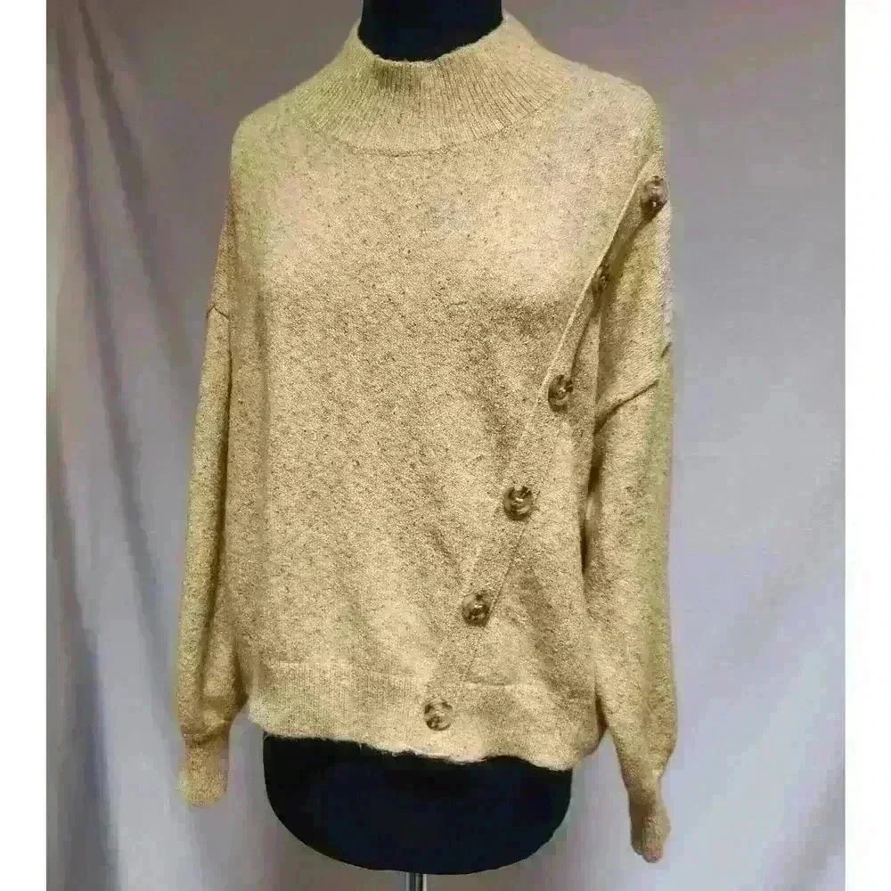 Golden Hem & Thread Large Pullover‎ Sweater Diagonal Button Detail Raglan Sleeve